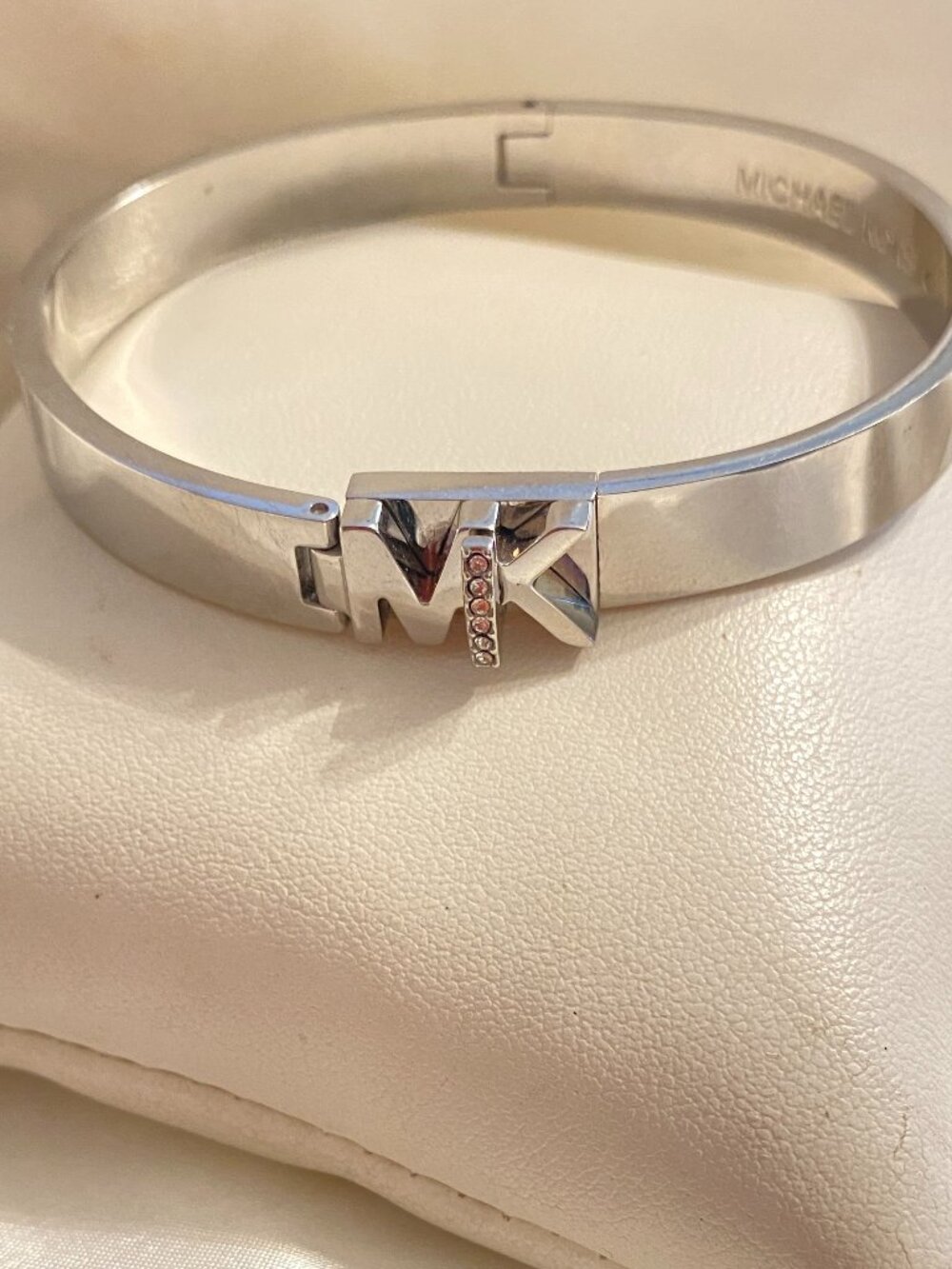 Michael Kors Silver Tone MK Hinged Bracelet